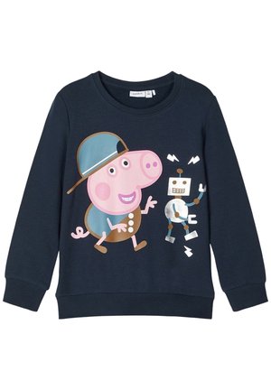 Marineblauwe sweatsshort van katoen met een cartoonvarken met hoed en een zilveren robot, beide op de voorkant gedrukt. Geribbelde manchetten en zoom.