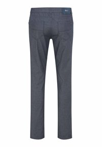 Pantalon droit gris foncé avec poches arrière, passants pour ceinture et une petite étiquette de marque sur le côté droit de la ceinture.