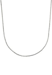Sömlös silverfärgad metallkedja med en enkel design, med ett fint, länkat mönster och slät textur. Längden verkar vara justerbar.