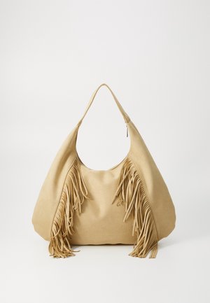 Beige suède schoudertas met lange franjes aan beide zijden en een enkele handvatriem.