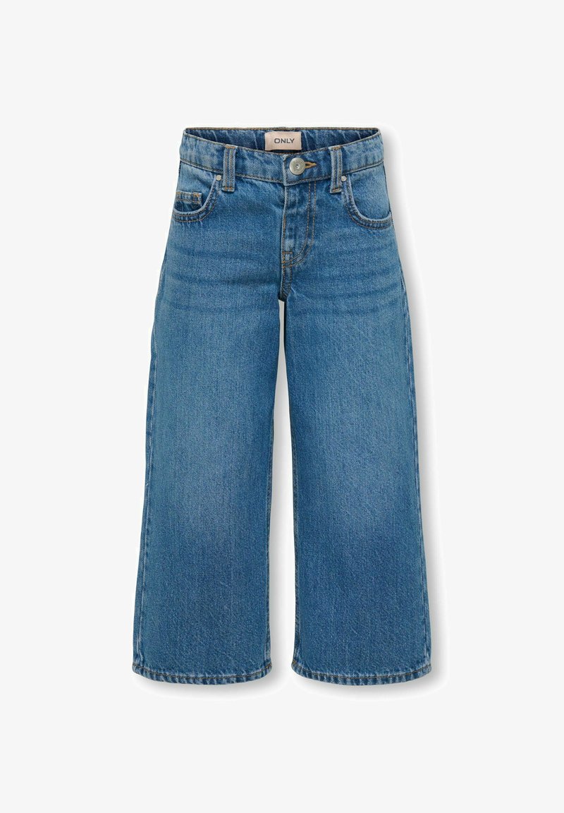 Jeans de mezclilla acortados de pierna ancha en azul con cierre de botón y cremallera, bolsillos delanteros y traseros, y pasadores para cinturón.