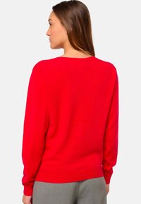 Roter Wollpullover mit langen Ärmeln, einem runden Halsausschnitt und einem gerippten Saum. Glatte Textur, schlichtes Design, minimale Details auf der Rückseite.