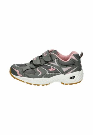 Grauer und pinker Kindersneaker mit verstellbaren Klettverschlüssen und weißer Gummisohle.