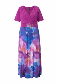 Lilla omslagsstil kortærmet top med bånd pyntet med ædelsten og flydende nederdel med blå, pink og orange abstrakt blomsterprint.