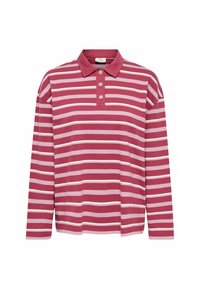Long-sleeve polo shirt in striped patterns of dark pink and light pink, featuring a collar and three button accents. Made from soft fabric.