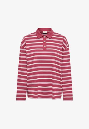 Polo a maniche lunghe con motivi a righe in rosa scuro e rosa chiaro, con colletto e tre bottoni decorativi. Realizzato in tessuto morbido.