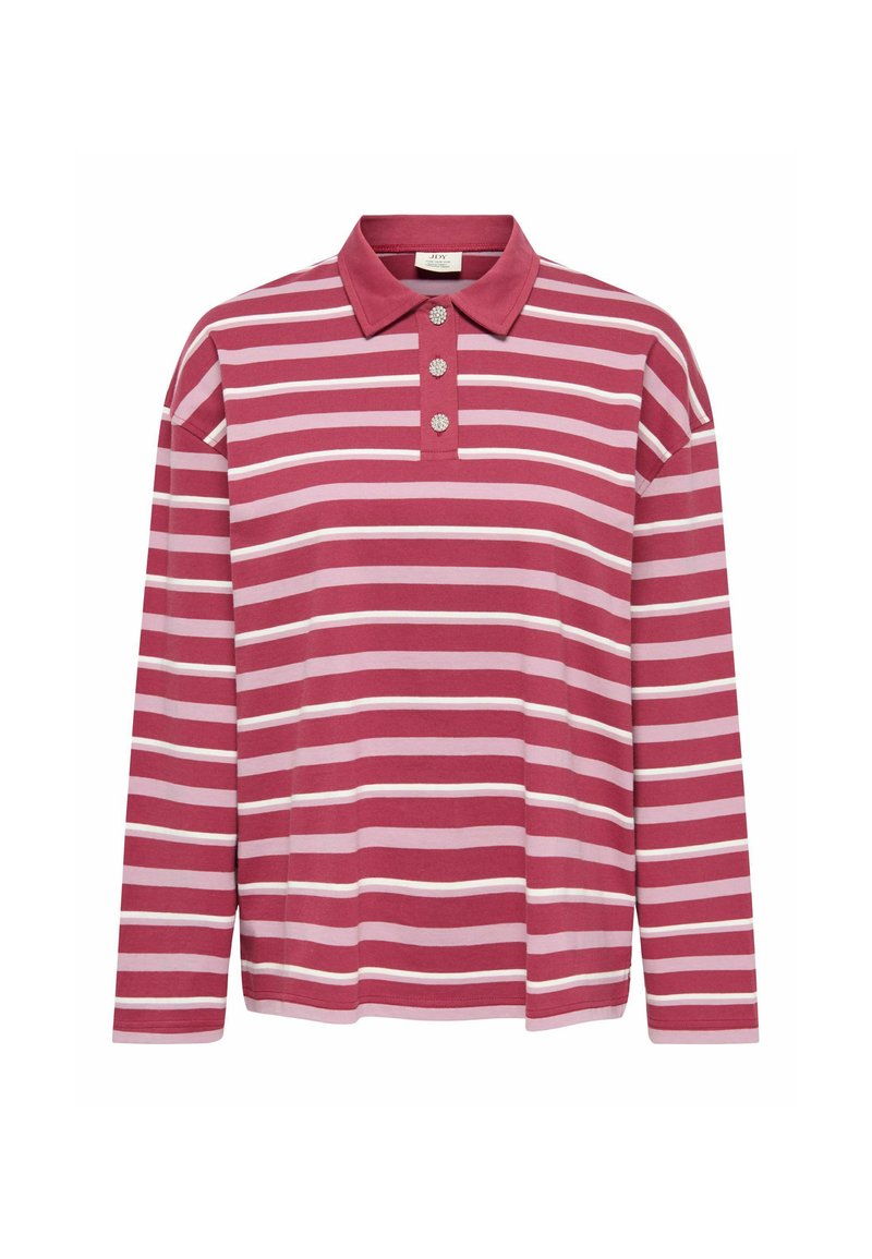 Long-sleeve polo shirt in striped patterns of dark pink and light pink, featuring a collar and three button accents. Made from soft fabric.