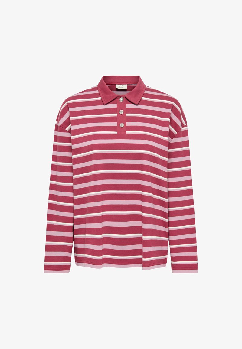 Polo à manches longues avec motifs rayés en rose foncé et rose clair, doté d'un col et de trois boutons décoratifs. Confectionné dans un tissu doux.