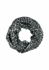 Leopard print infinity scarf in shades of grey and black, made from soft, lightweight fabric with a smooth texture.