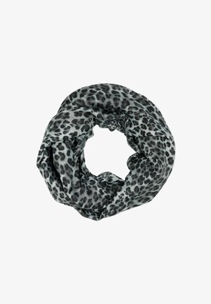 Leopardenmuster Infinity-Schal in Grau- und Schwarztönen, aus weichem, leichtem Stoff mit glatter Textur.