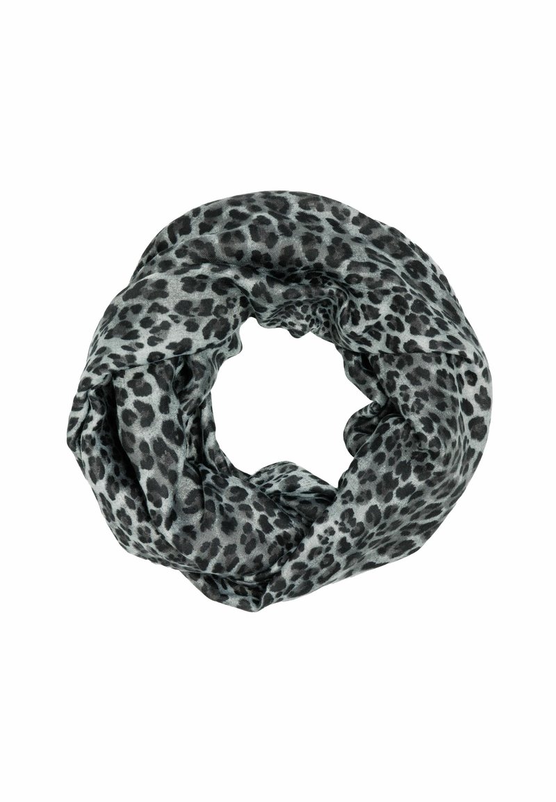 Leopard print infinity scarf in shades of grey and black, made from soft, lightweight fabric with a smooth texture.