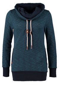 Sweat à capuche bleu sarcelle foncé avec col cheminée haut, cordons blancs avec accents en cuir marron, manches longues et poignets et ourlet noirs.
