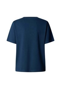 Prosty granatowy t-shirt z krótkim rękawem, widziany od tyłu, z okrągłym dekoltem i prostym dołem.