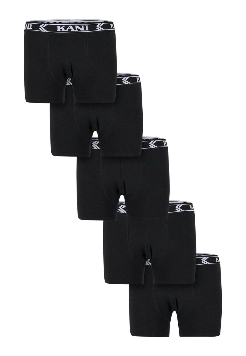 Boxeri negri dintr-un material moale. Fiecare are un elastic cu logo-ul "KANI" în alb, având un design clasic. Se afișează cinci perechi.