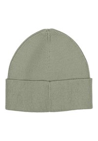 Light gray knitted beanie hat with folded cuff, displaying ribbed stitching pattern and seam running from top to cuff.