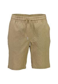 Pantalones cortos beige con una superficie texturizada, cintura elástica y cordón. Presenta bolsillos laterales y un corte relajado.