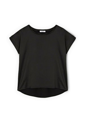 Schwarze Bluse mit kurzen Ärmeln, rundem Ausschnitt und einem hinten leicht längeren, abgerundeten Saum.