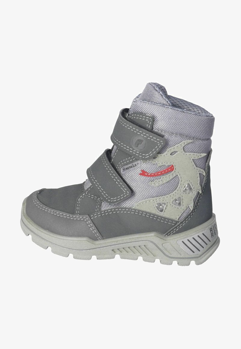 Szare wysokie buty typu high-top z teksturowaną szaro-niebieską cholewką, dwiema rzepami oraz wzorem smoka w jasnoszarym z czerwonymi akcentami. Gumowa podeszwa.