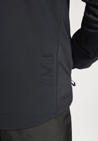 Zoznam pohľadu na osobu, ktorá má na sebe čiernu bundu s embosovaným logom "EA7" na dolnej strane, zobrazuje textúru látky a časť ruky.