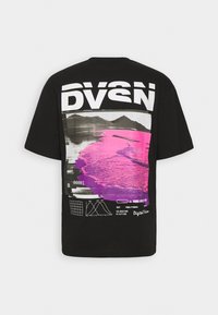 Black T-shirt featuring a large back graphic with pink water and mountains, combined with white text and technical design elements.