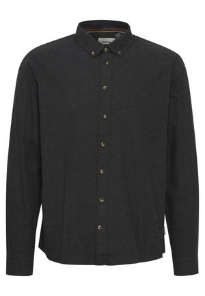 Tumšas pelēkas krāsas garām piedurknēm krekliņš ar pogām, ar klasisku apkakli, misiņa pogām un taisnu apakšmalu ar sānu šuvēm.