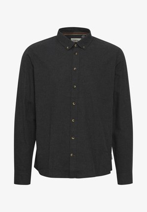 Langarm overhemd in donkergrijze stof, met een klassieke kraag, messing knopen en een rechte zoom met zijnaden.