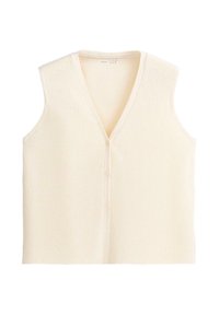 Gilet sans manches en maille côtelée de couleur crème avec col en V et trois boutons sur le devant, posé à plat sur un fond blanc.