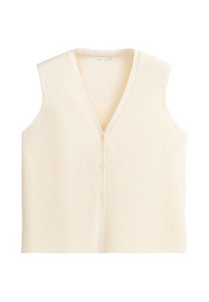 Ærmeløs ribstrikket vest i cremefarve med V-hals og tre knapper foran, lagt fladt på en hvid baggrund.