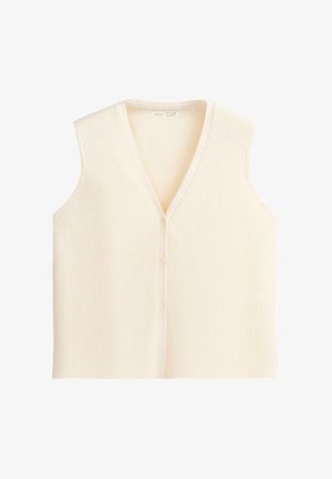 Bezrukávová krémovohnedá rebrovaná pletená vesta s výstrihom do V a tromi gombíkmi vpredu, položená na bielom pozadí.