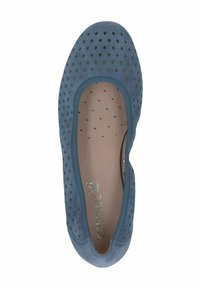 Blue perforated ballet flat with a rounded toe and elastic trim. Soft material with a smooth, textured finish and dotted insole.