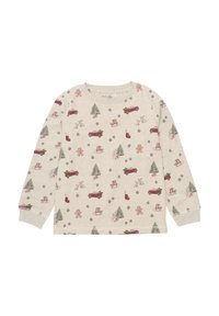 Lichtgrijze langemouwen shirt met een kleurrijke print van rode vrachtwagens, kerstbomen, peperkoekmannen en kerstversieringen.
