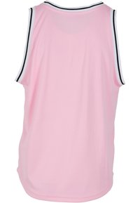 Maillot de sport sans manches rose en mesh respirant, avec un col rond et des accents de bordure contrastés en noir et blanc.