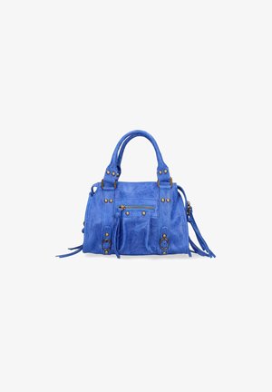 Sac en cuir bleu avec double poignée, bandoulière réglable, poche zippée à l'avant et accents métalliques. Présente des franges sur les côtés.