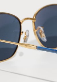 Aurinkolasit kultaisessa kehyksecä tummansinisillä linsseillä ja sinisellä tempelivarrella, jossa näkyy kaiverrettu Ray-Ban-logo kullanvärisessä saranassa.