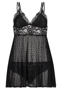 Transparant zwarte negligee met kantafwerking, verstelbare bandjes en stippenpatroon. Kenmerkt zich door een ingewikkeld kantontwerp en een zachte, vloeiende silhoeet.