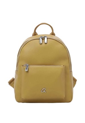 Zainetto giallo senape piccolo con tasca frontale con cerniera, doppia cerniera sul compartimento principale e un piccolo logo metallico a forma di "a".