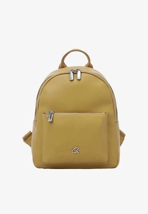 Zainetto giallo senape piccolo con tasca frontale con cerniera, doppia cerniera sul compartimento principale e un piccolo logo metallico a forma di "a".