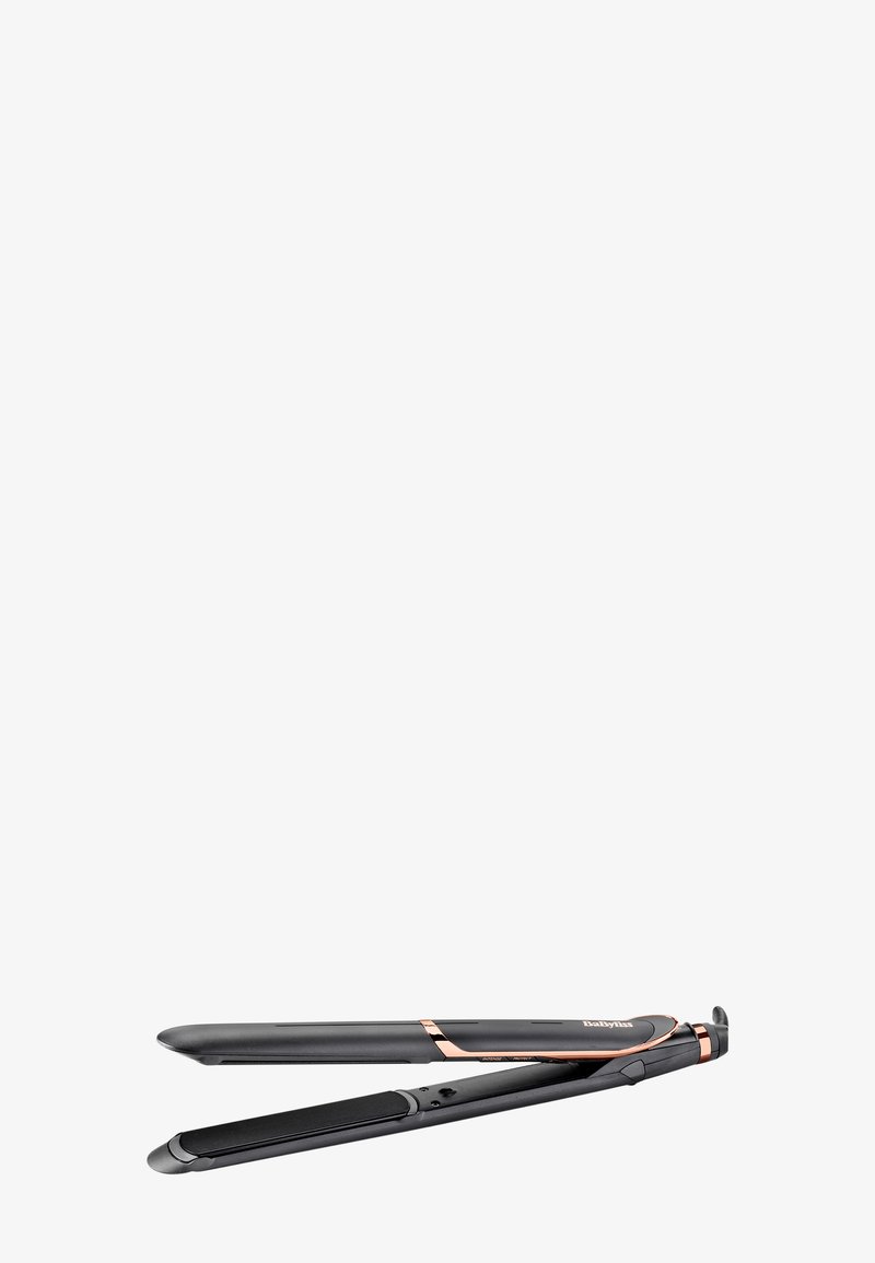 Fer à lisser noir avec bords arrondis, finitions en or rose et plaques en céramique. Design élégant et ergonomique pour une prise en main facile.