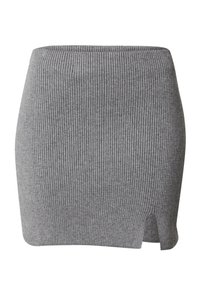 Grau gerippter Strickrock mit einer engen Passform, der einen seitlichen Schlitz am Saum hat. Die Textur ist weich und dehnbar, ideal für legere Anlässe.