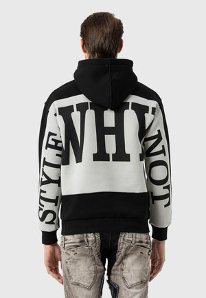 Sweat à capuche noir et gris, avec un grand texte noir "POURQUOI PAS" au dos, des poignets et un ourlet côtelés, en matière mélangée coton.