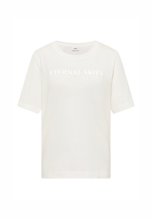 Valkoinen lyhythihainen t-paita pehmeästä kankaasta. Edessä on painettu teksti "IKUISEN TAIVAS" vaaleanharmaana. Klassinen pyöreä kaula-aukko.