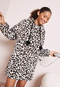 Leopardenmuster Fleece-Hoodie-Kleid mit lockerer Passform, großer Fronttasche, Kordelzügen mit Pom-Pom-Akzenten und langen Ärmeln.