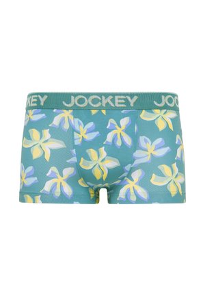 Herrunderkläder i boxershortsstil med en teal-baserad färg och ett blommönster i gult och ljusblått. Midjebandet är grönt med "JOCKEY" tryckt i ljusgrått.