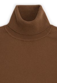 Brązowy sweter z golfem, z prążkowanym wykończeniem przy kołnierzu i gładką fakturą. Wykonany z drobno dzianej tkaniny, zapewniającej dopasowanie przy kołnierzu.