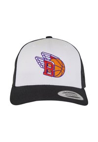 White and black snapback cap featuring an embroidered design of a basketball with wings and the letter "B" in orange and purple.