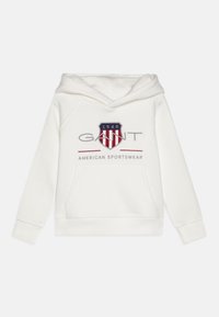 White hoodie made from soft cotton, featuring a front kangaroo pocket, embroidered logo in blue, red, and grey with "1949" and "AMERICAN SPORTSWEAR."
