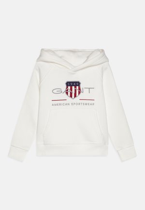 White hoodie made from soft cotton, featuring a front kangaroo pocket, embroidered logo in blue, red, and grey with "1949" and "AMERICAN SPORTSWEAR."