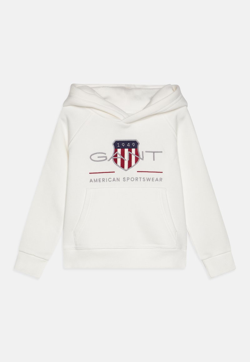 White hoodie made from soft cotton, featuring a front kangaroo pocket, embroidered logo in blue, red, and grey with "1949" and "AMERICAN SPORTSWEAR."