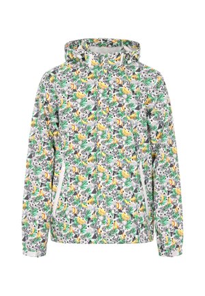 Veste légère avec capuche, ornée d'un imprimé tropical coloré représentant des animaux et des fruits. Fabriquée en tissu respirant, elle dispose de deux poches latérales.