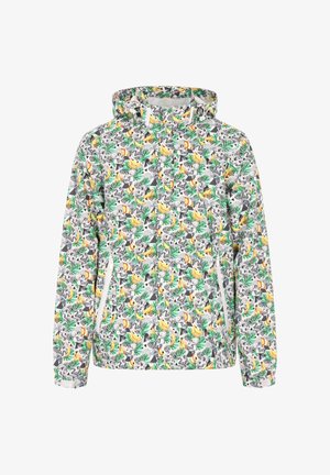 Veste légère avec capuche, ornée d'un imprimé tropical coloré représentant des animaux et des fruits. Fabriquée en tissu respirant, elle dispose de deux poches latérales.